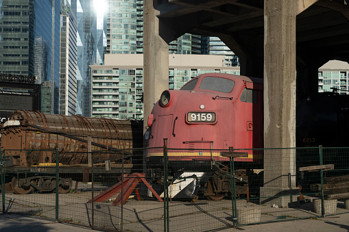 Chicago, Illinois, United States - June 14, 2015:  Trains at a railroad yard near Chicago, Illinois.