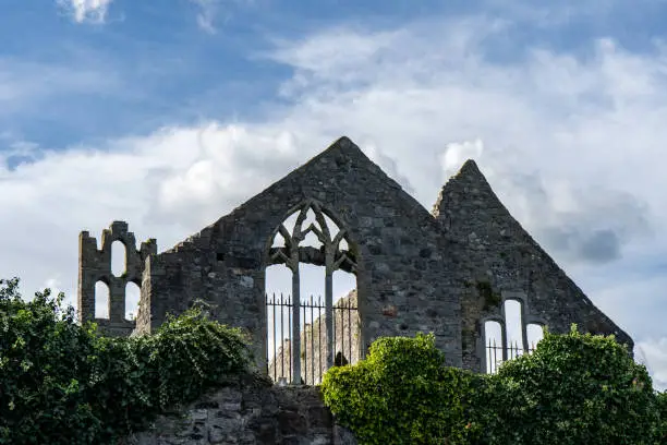 Photo of Old Irish church ruins covered by ivy