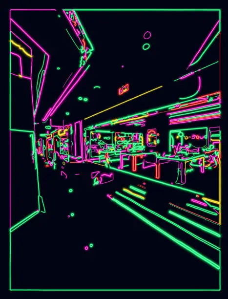 Vector illustration of Vector LED light psychedelic neon effect cyber city street building scene background