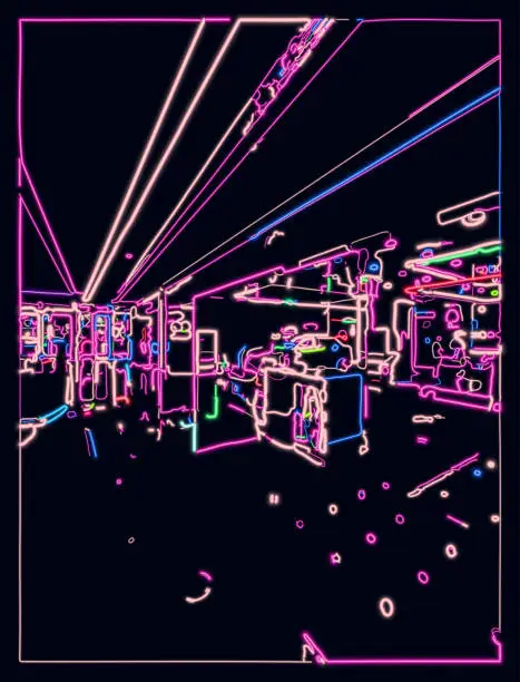 Vector illustration of Vector LED light psychedelic neon effect cyber city Pub scene background