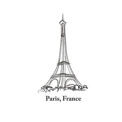 Paris line art icon over white background. Paris sketch doodle drawn sign with park stree trees and Eiffel tower landmark. Travel France icon
