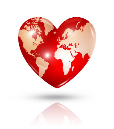 Love earth symbol. 3D world map in a heart. Icon isolated on white with clipping path