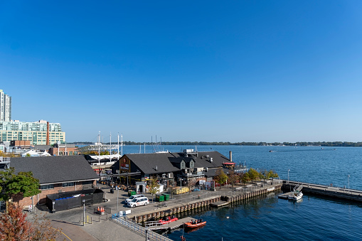 Harbour on Lake Ontario in Toronto , Ontario, Canada on a bright Autumn day with a cloudless sky.