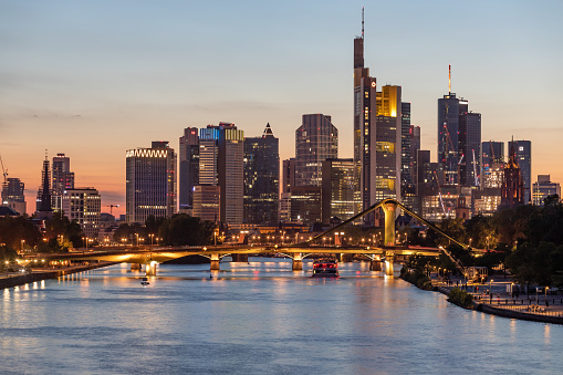 Frankfurt, HesseGermany – August, 28, 2022: View over the Main River to the Frankfurt skyline at night