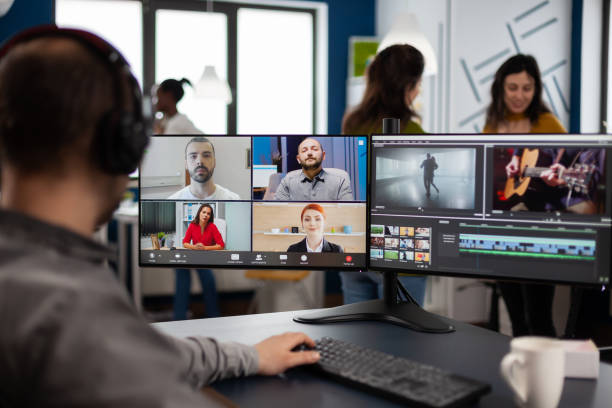 istock Project manager in web online meeting with team on video call 1857170716
