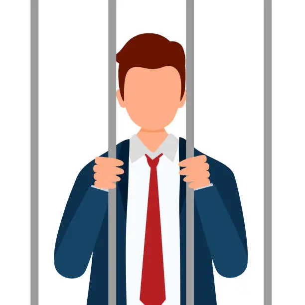 Vector illustration of Businessman holding bars in prison, behind bars, or in jail in flat design.
