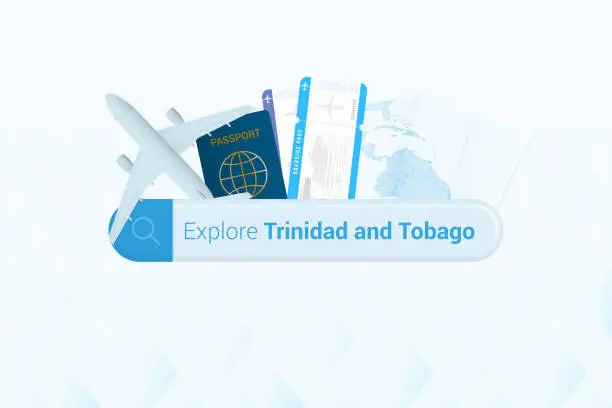 Vector illustration of Searching tickets to Trinidad and Tobago or travel destination in Trinidad and Tobago. Searching bar with airplane, passport, boarding pass, tickets and map.