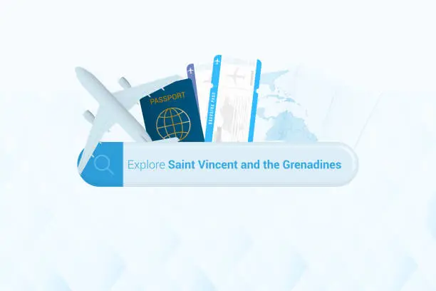 Vector illustration of Searching tickets to Saint Vincent and the Grenadines or travel destination in Saint Vincent and the Grenadines. Searching bar with airplane, passport, boarding pass, tickets and map.