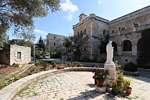We see here the Ratisbonne Monastery (Arabic: دير راتسبون, Hebrew: מנזר רטיסבון) is a monastery in the Rehavia neighborhood of Jerusalem, Israel, established by Marie-Alphonse Ratisbonne, a French convert from Judaism. Work on the building, designed by the French architect M. Daumat, began in 1874 on a barren hill, now in the center of West Jerusalem.