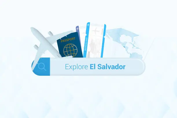 Vector illustration of Searching tickets to El Salvador or travel destination in El Salvador. Searching bar with airplane, passport, boarding pass, tickets and map.