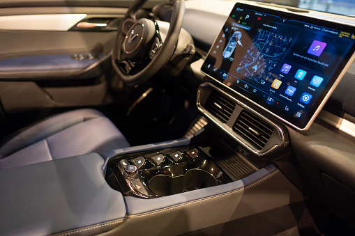 Interior new Vinfast electric car, crossover in showroom, trends EV in Europe, technological advancements in automotive industry, electric car innovation, Frankfurt, Germany - December 8, 2023