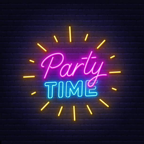 Party Time neon lettering on brick wall background Party Time neon lettering on brick wall background. partytime stock illustrations