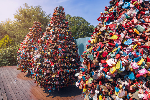 Seoul, South Korea, June 17, 2023: Love locks at N-Seoul Tower, symbolize forever love with inscribed messages, collectively displayed at this popular tourist destination.