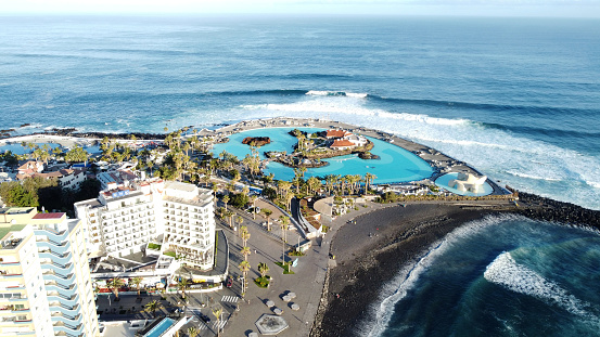 Aerial view of Puerto de la Cruz coastline, Tenerife island, Spain. Travel destination. Touristic place.