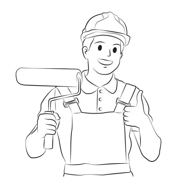 Vector illustration of builder man construction uniform holding paint roller