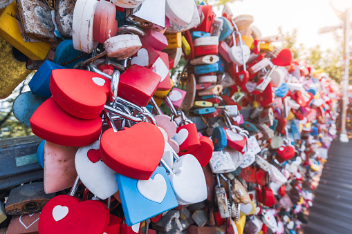 Love locks at N-Seoul Tower, Seoul, South Korea, symbolize forever love with inscribed messages, collectively displayed at this popular tourist destination.