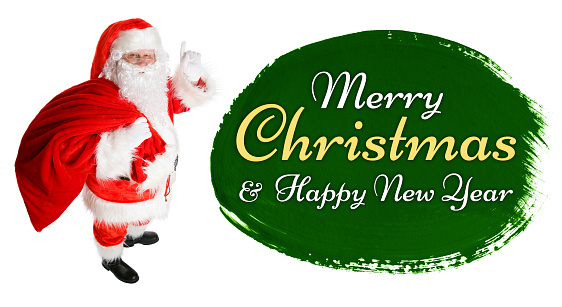 Santa Claus with a sack, Merry Christmas and Happy Yew Year lettering on a green painted spot. Isolated on a white background.