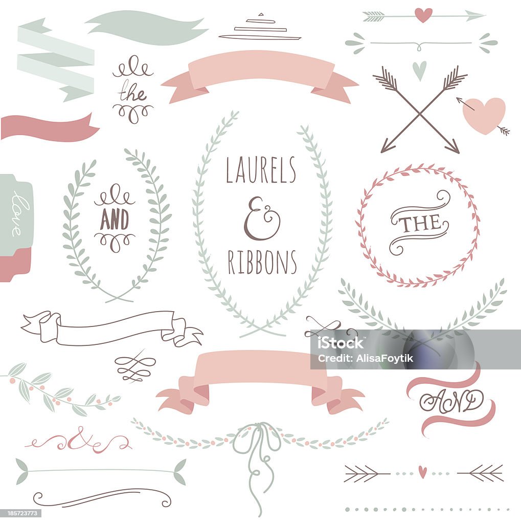 Matrimonio set di grafica con nastri e wreaths - arte vettoriale royalty-free di Fronzolo