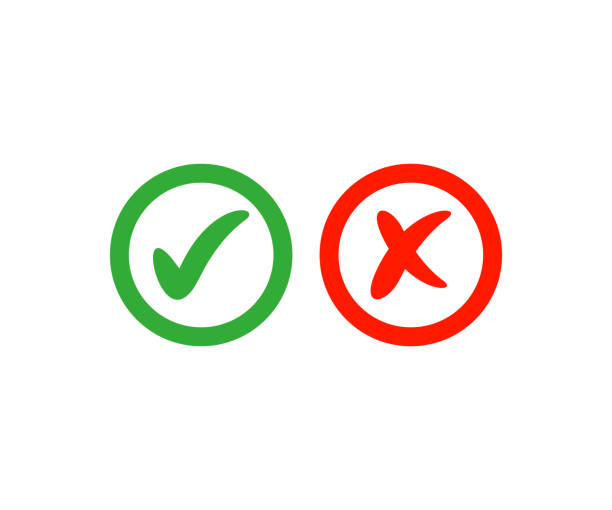 Green approval check mark and red cross icons in circle. Checklist signs, flat checkmark approval badge, red cross vector design and illustration.