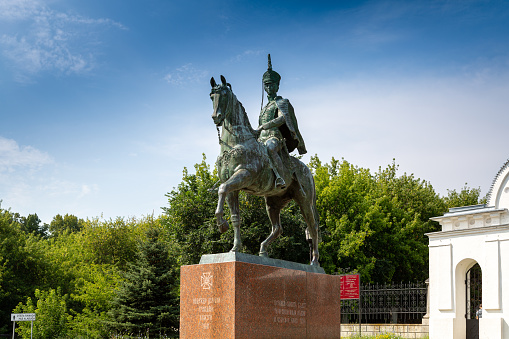 Yelabuga, Tatarstan, Russia. June 7, 2020: Monument to the girl cavalryman Durova on a horse.