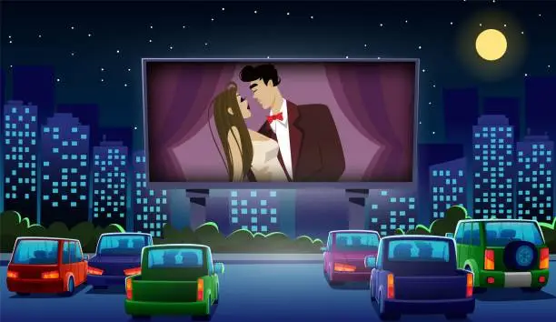 Vector illustration of Cinema drive. Car movie theater. Auto night scene with video screen. Romantic film. Outdoor theatre. Outside love show. Couple dating. Open air evening event. Vector cartoon illustration