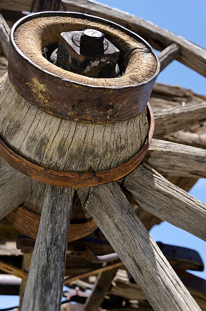 Old wooden wagon wheel stock photo