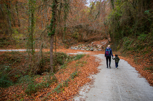 Mother and child walking in the autumn forest in Catalonia, Spain.