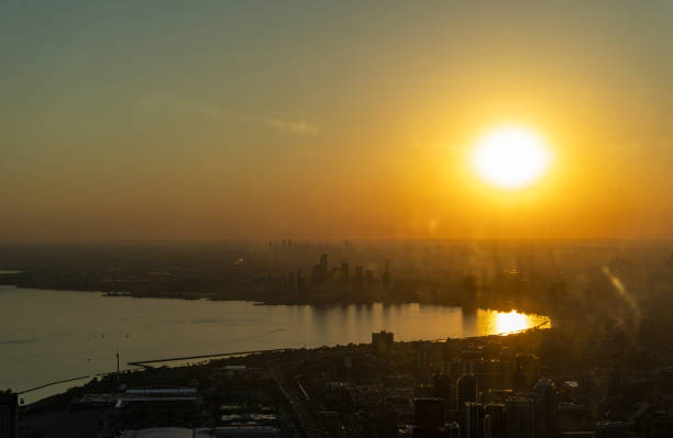Sunset view over Lake Ontario from Toronto , Ontario, Canada on a bright Autumn day with a cloudless sky.