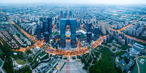 China, Jiangsu, Suzhou Industrial Park, Suzhou Jinji Lake and Urban Architecture in the Early Morning