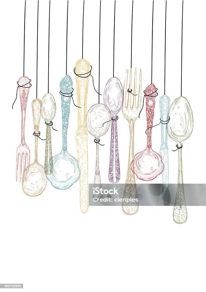 Colorful vintage hand drawn hanging cutlery illustration. Colorful vintage hand drawn hanging cutlery illustration. Vector file organized in layers for easy editing. Abstract stock vector