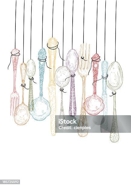 Colorful Vintage Hand Drawn Hanging Cutlery Illustration Stock Illustration - Download Image Now