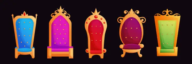 Vector illustration of Crown throne. Gold chair. Emperors seat. Royal king armchair. 3D luxury carving. Sofa decoration. Isolated classic furniture. Palace interior elements set. Vector cartoon illustration