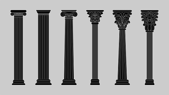 Ancient Greek columns. Black silhouette architecture pillars. Roman antique decoration. Art marble sculptures. Ornate classic pedestals. Antiquity logo. Vector tidy old building isolated elements set