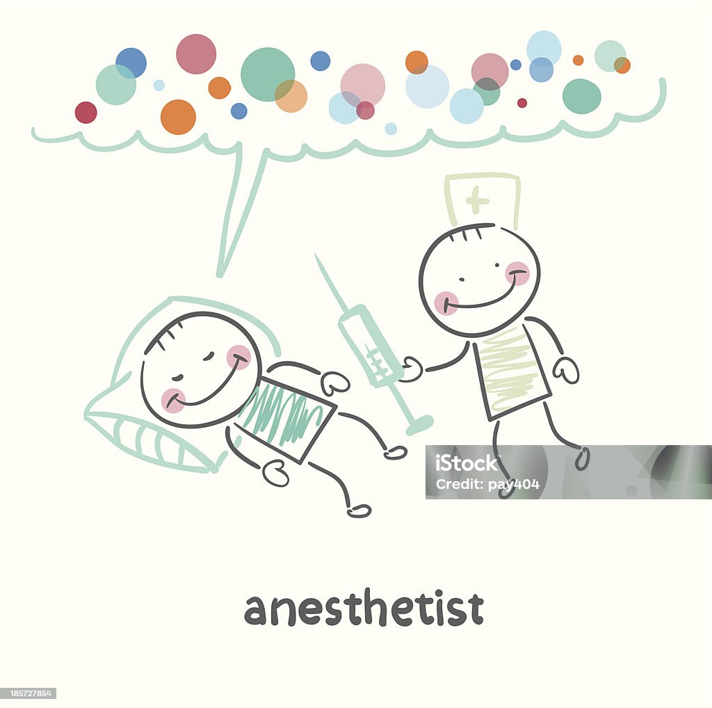 Anestesista con jeringa junto a un paciente de dormitorio - arte vectorial de Anestesista libre de derechos