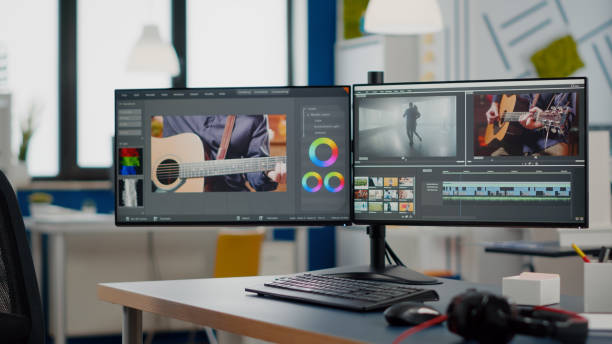 istock Video production studio with nobody in it and computer with two displays 1857280857