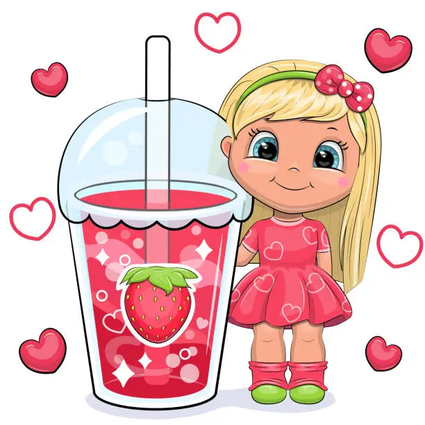Vector illustration of Cute cartoon girl with a big strawberry drink.