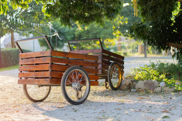 istock Vintage wooden carts with empty stand on green garden under big tree 1857329577