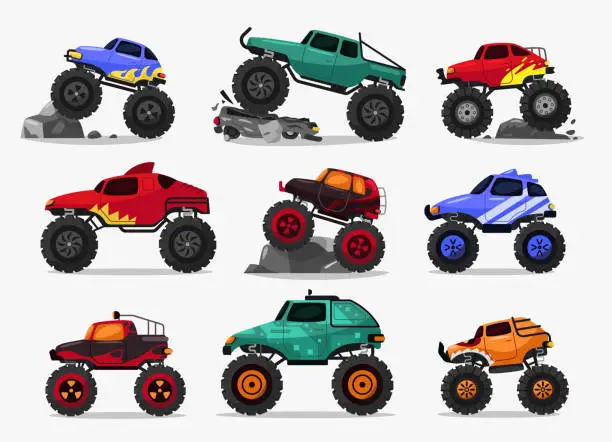 Vector illustration of Cartoon monster truck. Diesel 4WD offroad vehicle with turbo engine and mud bogging tires, muscle car with flat tires and suspension. Vector isolated set of car race truck monster 4x4 illustration