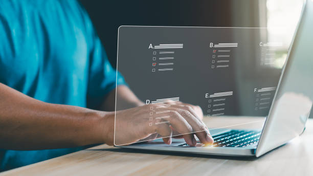 istock Man finger hand on Virtual screen Take assessment certificate, questionnaire, evaluation, online survey exam Choosing right answer in exam, filling out an online survey form. Answer test questions. 1857335081