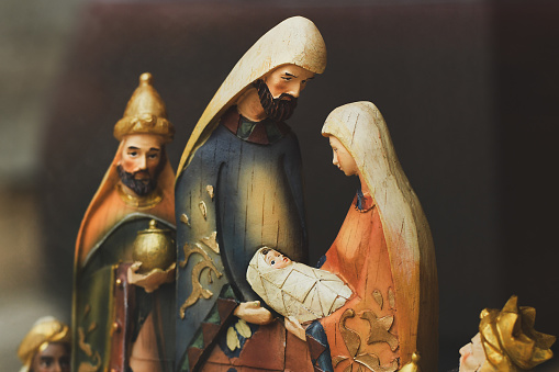 Adoration: Three wise men, and baby Jesus on white background