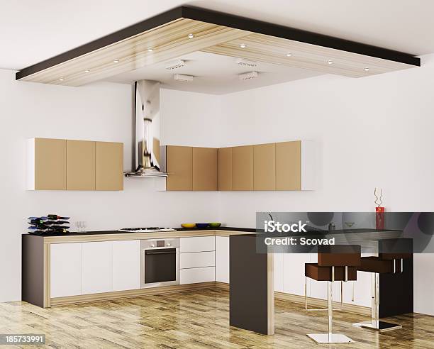 Cozinha Moderna Interior 3d - Fotografias de stock e mais imagens de Apartamento - Apartamento, Bege, Branco