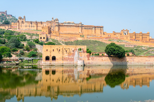 jaipur, india. 5th october, 2023: outdoor view of amber fort. is clad in pink and yellow sandstone and is a part of an extensive complex