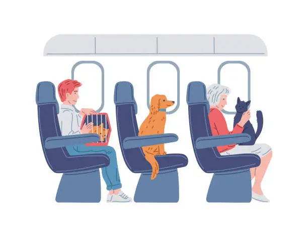 Vector illustration of People on public transport with their pets, cartoon vector carriers for dogs and cats, comfortable trip animals in train