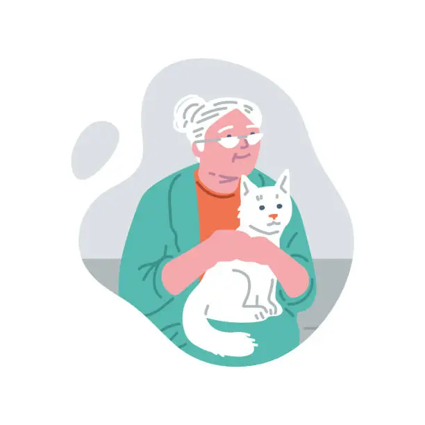 Vector illustration of Happy elderly woman in glasses with white cat, owner enjoying spending time with pet vector isolated illustration