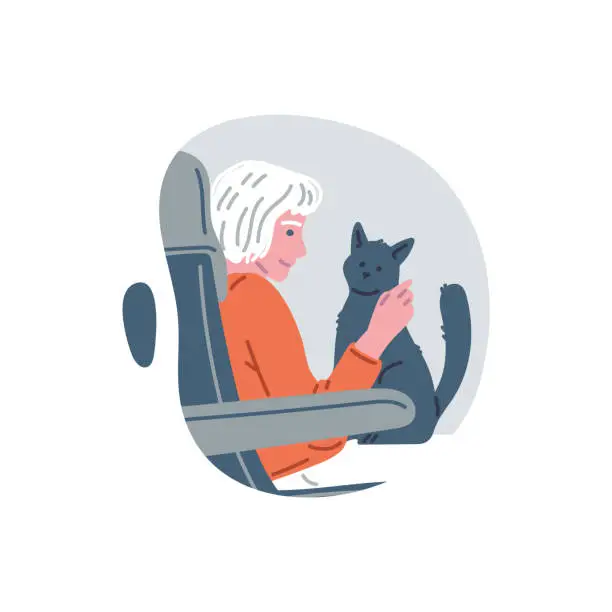 Vector illustration of Smiling woman with cat on hands travels on public transport flat style