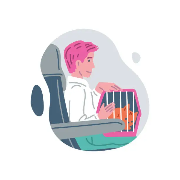 Vector illustration of Man on public transport with pet in carrier, vector comfortable transportation pet in trip with owner in a subway train