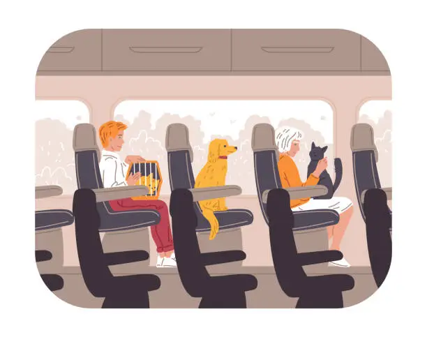 Vector illustration of People with pets on the train, vector illustration in flat cartoon style