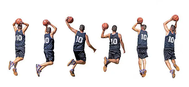 six silhouettes of basketball players