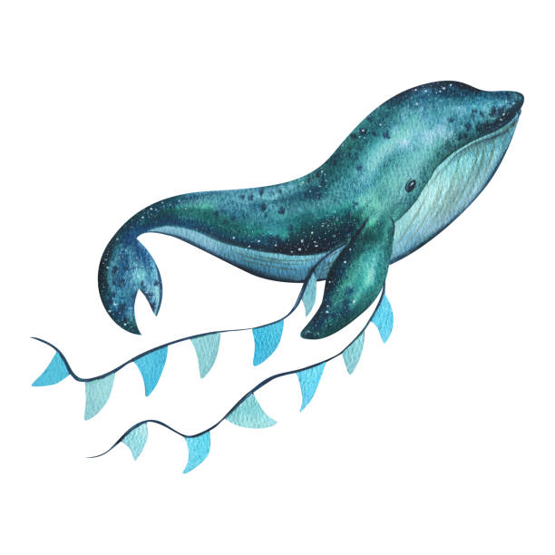 istock Blue, turquoise whale with garland flags textured. Watercolor illustration hand drawn in childish simple style. Isolated object on a white background. 1857385331
