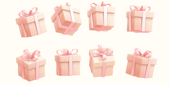 A set of 3d icons of a pink gift box on a white background. Very high resolution 12800x6395